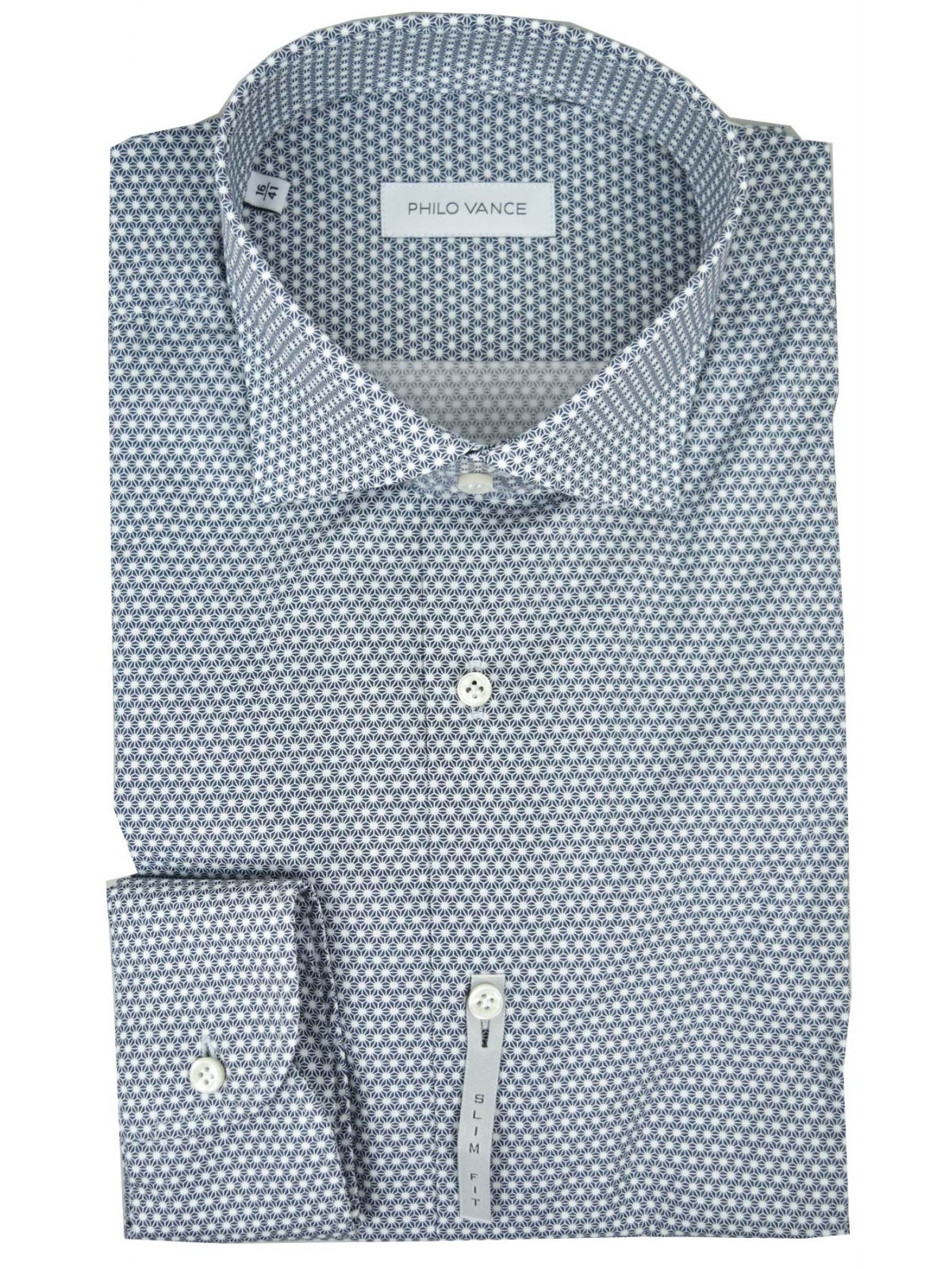 Slim Fit Herrenhemd Kleines Muster Blau auf Weiß Kleiner Spreizkragen - Philo Vance - Pico