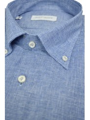 シャツのボタンダウンカラーはライトブルーのチェックのリネンブレンドの男性用シャツ - Philo Vance - ブランド Acapulco