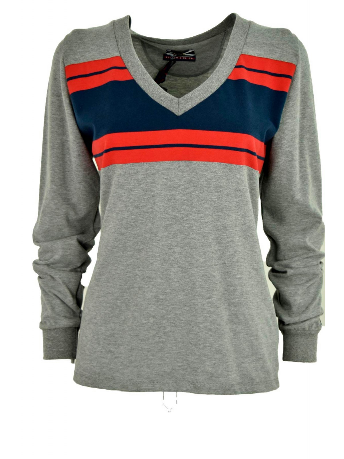 T-shirt Woman V-Neck Gray Horizontal Stripes - Johnny Lambs