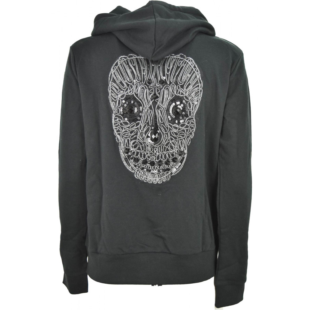 Hooded sweatshirt Black Skull Rhinestone and Beading