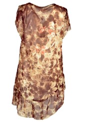 Caftán Blusa mini vestido de las Mujeres XL diseño Floral Burdeos y Beige, Pierre Cardin
