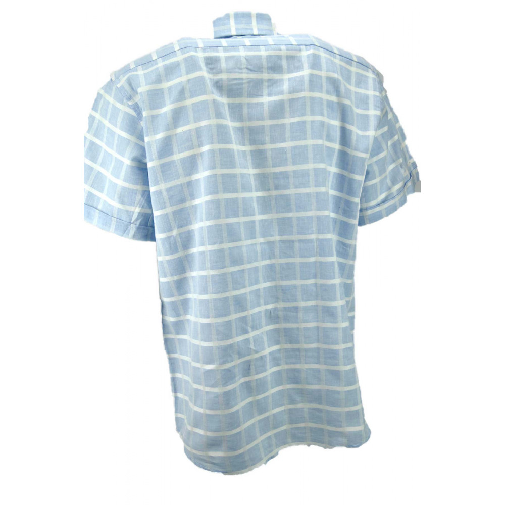 Men's Shirt Short Sleeves Mixed Linen Checked Button Down Collar