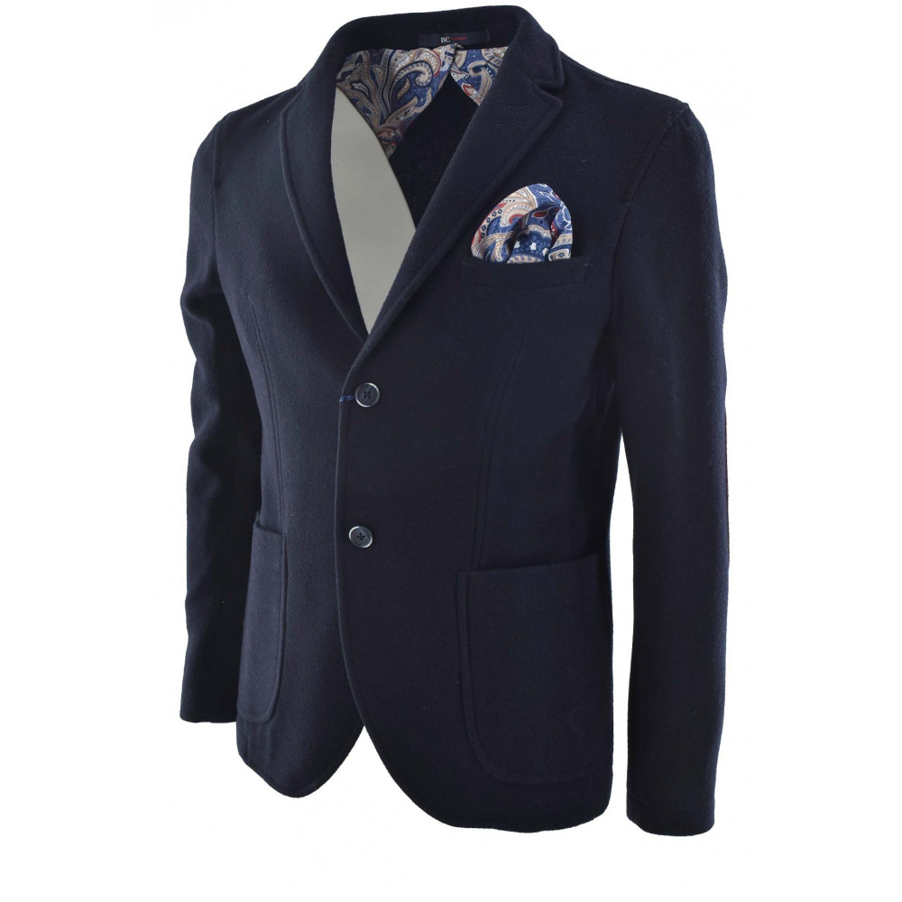 Men's Slimfit Jacket in Blue Boiled Wool Cloth with handkerchief - Radical Chic