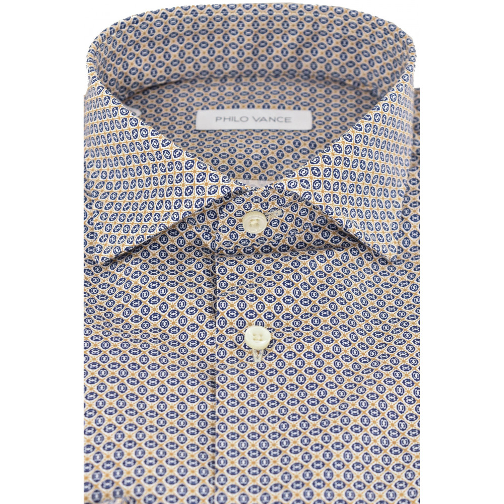 Slimfit Men's Shirt French Collar Geometric Pattern Blue Beige White - Montese