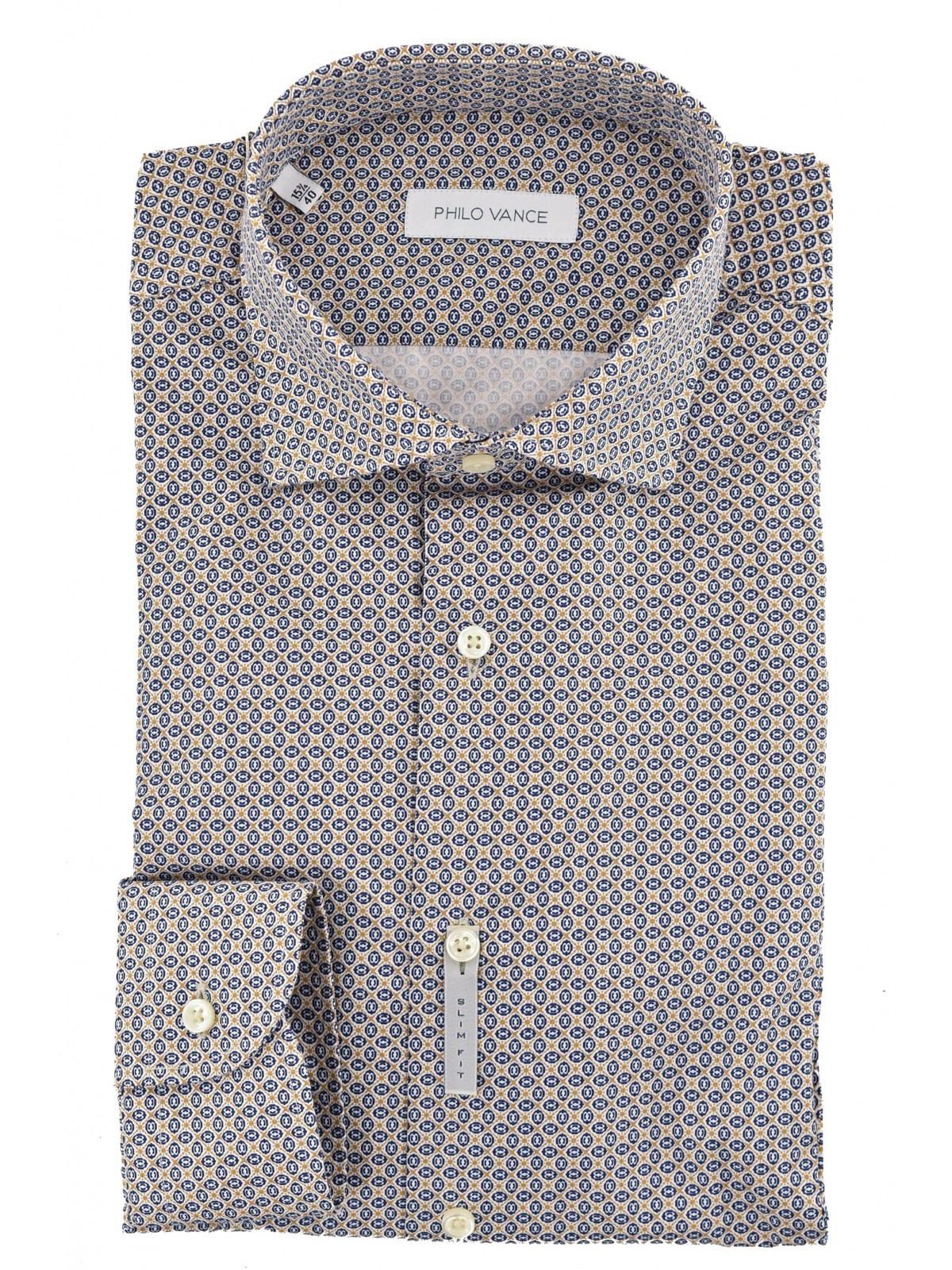 Slimfit Men's Shirt French Collar Geometric Pattern Blue Beige White - Montese