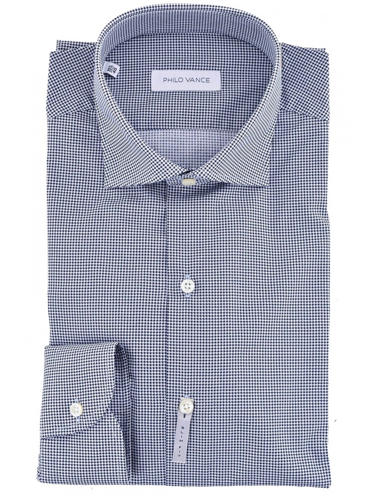 Slimfit Man Shirt with French Collar Pied de Poule White Blue - Cefalù