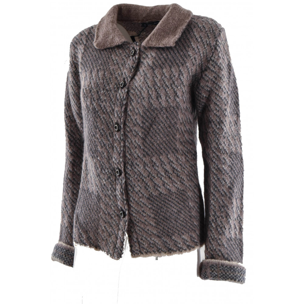 Knit Cardigan Jacket Women's M Beige Diamonds Gray - 3 Wire Mixed Mohair