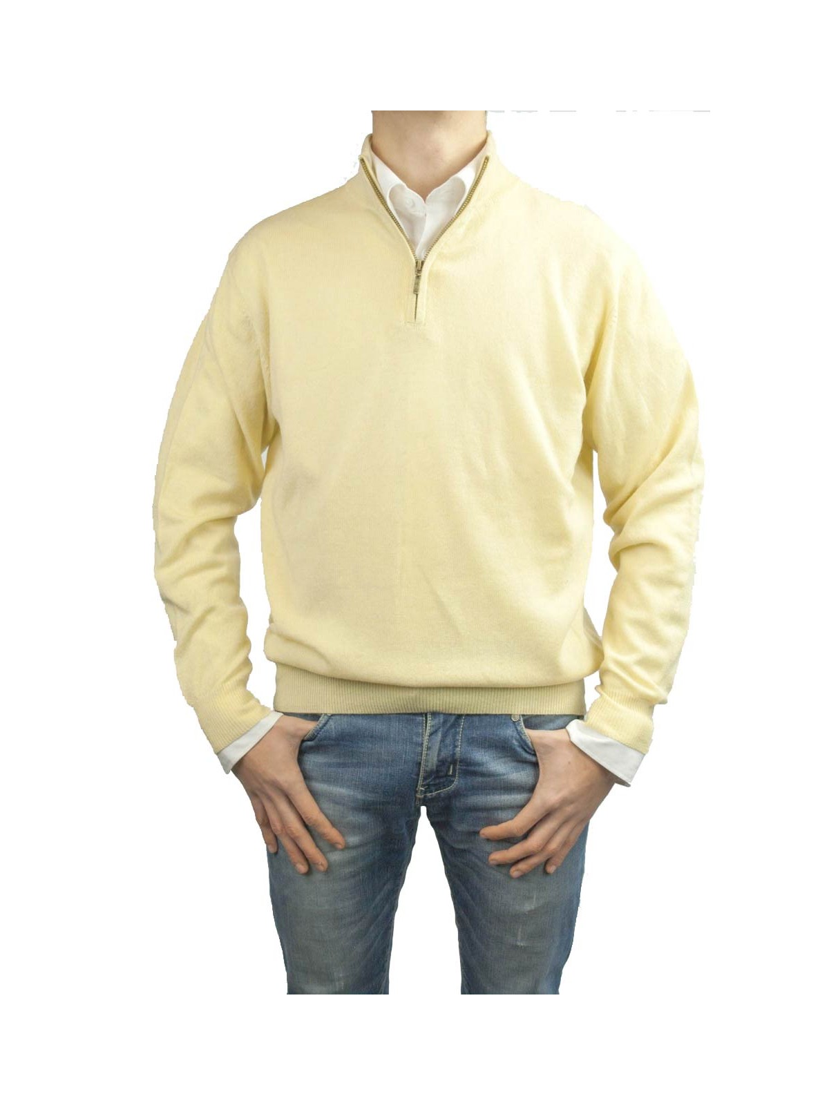 Men's Turtleneck Sweater Zip Light Yellow 100% Pure Cashmere 2 Yarns