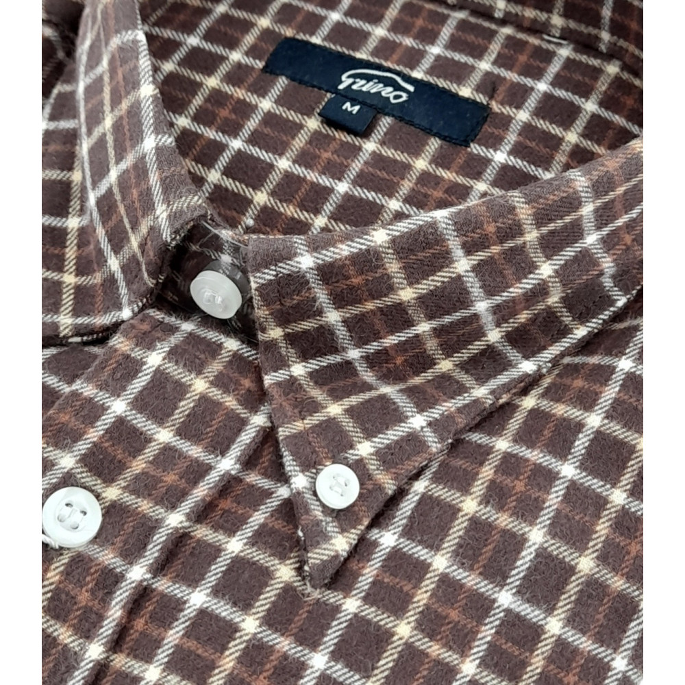 Man Shirt Flannel M 40-41 Brown Checked Beige and Orange ButtonDown collar