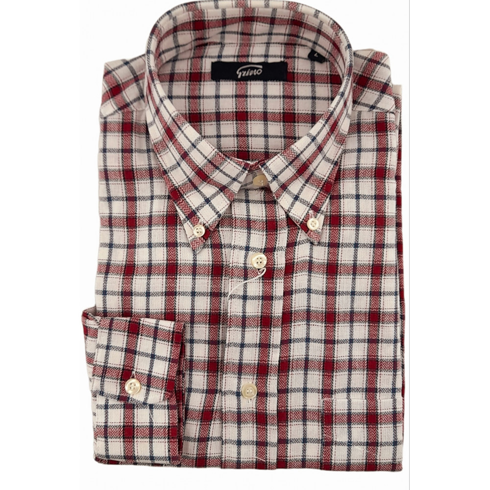 Flanell Herrenhemd M 40-41 Weiß Kariert Rot ButtonDown-Kragen