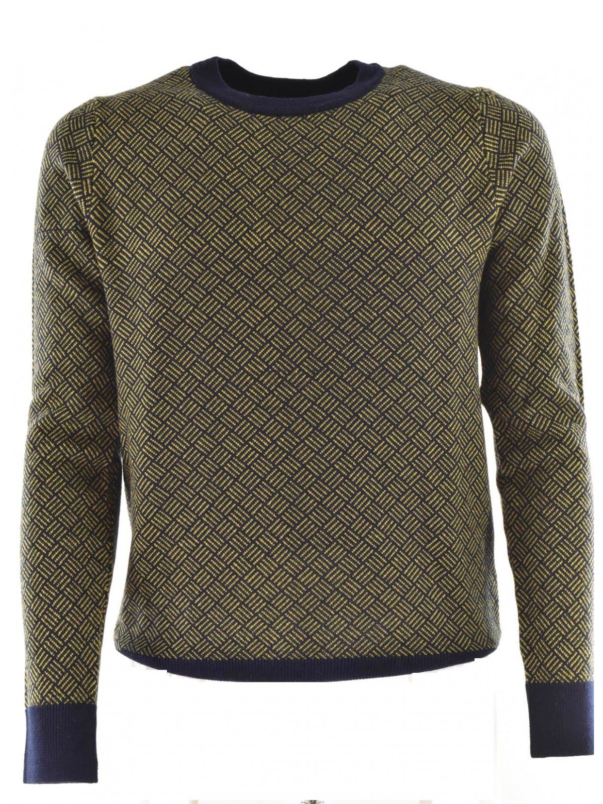 Men's Crew Neck Sweater Geometric Design Blue Yellow Merino Wool