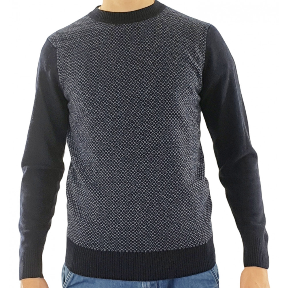 Men's Crew Neck Sweater Blue Light Blue Geometric Design Merino Wool