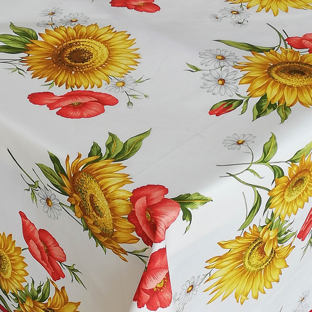 Bedruckte Tischdecken mit exklusiven Designs aus Satin-Baumwolle, Sonnenblumen und Sommermohn