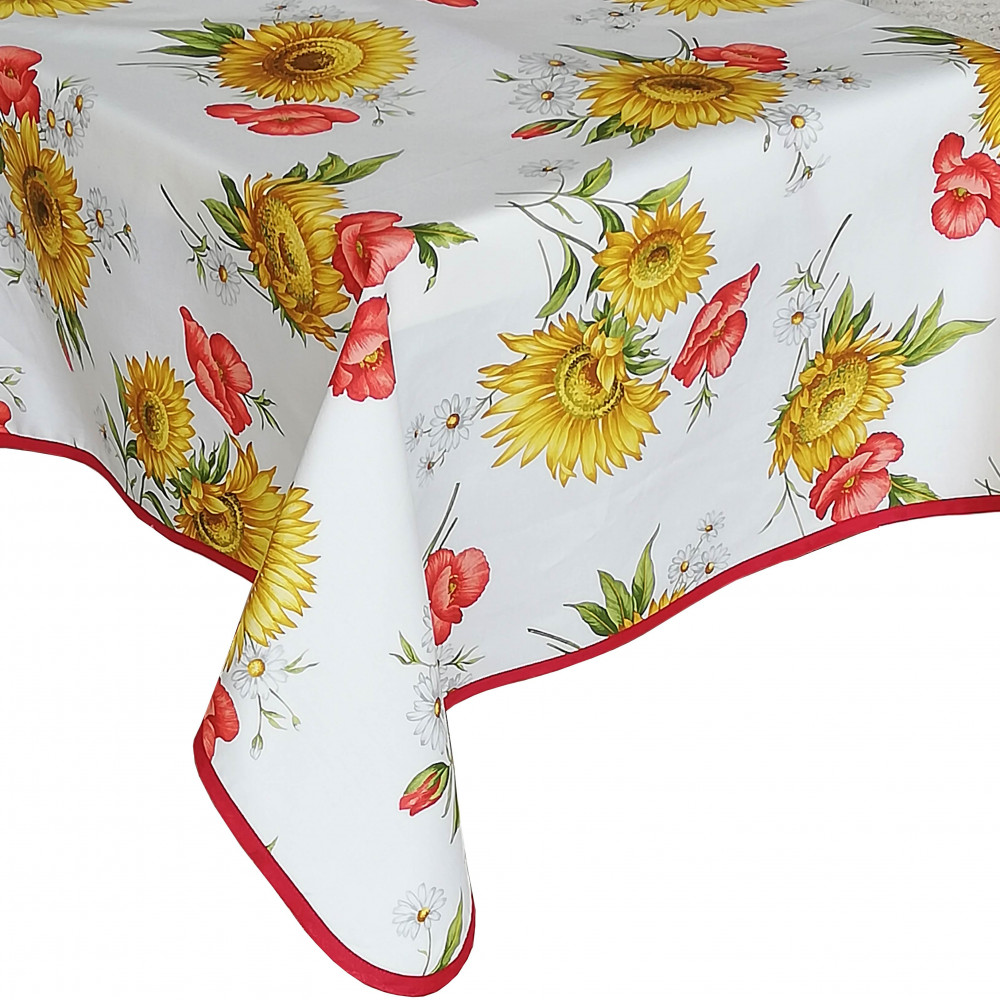 Bedrukte tafelkleden Exclusieve ontwerpen Satijnkatoen Zonnebloemen en zomerklaprozen