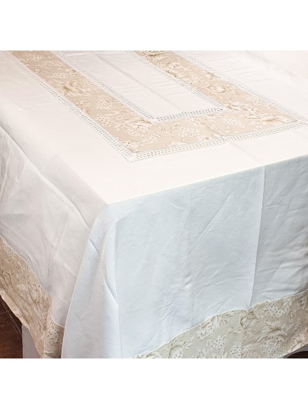Embroidered Tablecloth Day in Linen Blend with Beige Floral Flounce