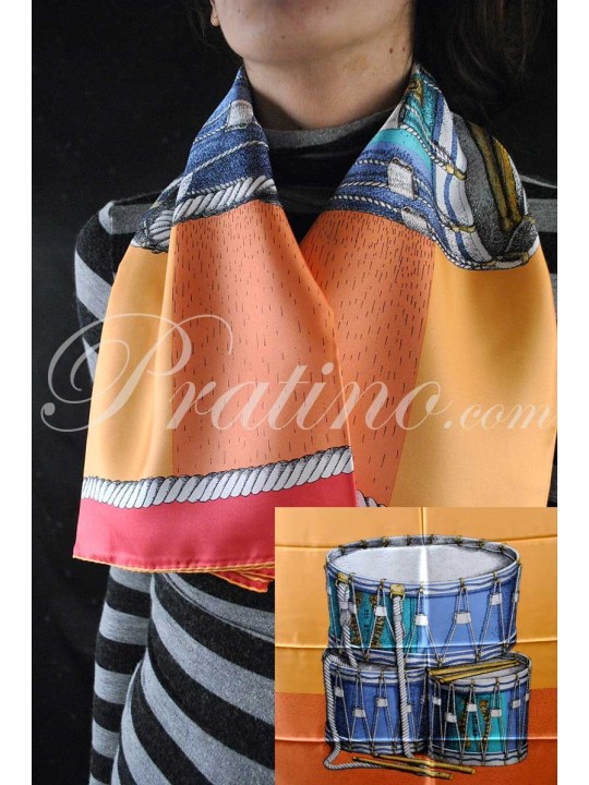 Fornasetti Scarf Drums Drums Orange/Yellow Pure Silk 90x90 - Women's Clothing